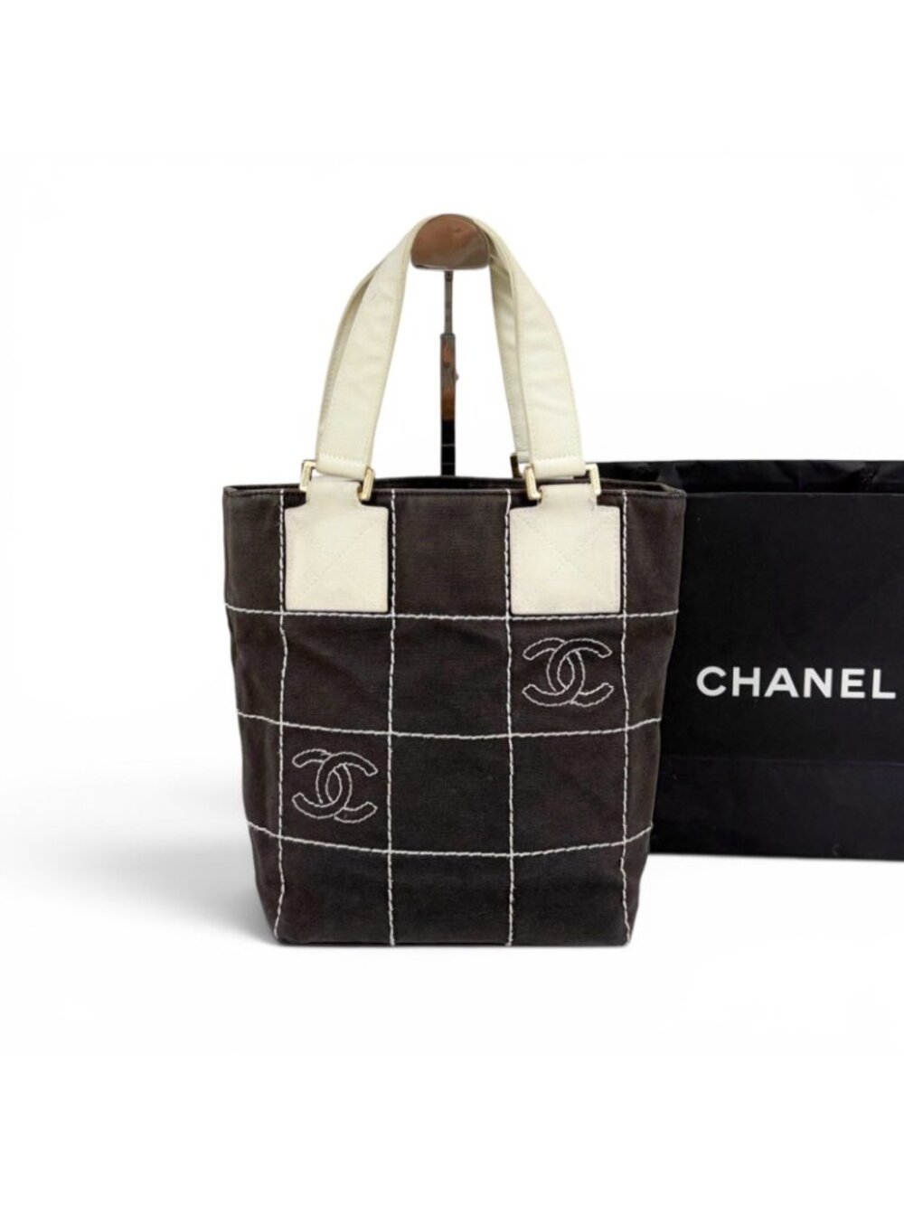 Chanel Wild Stitch Mini Tote Bag CC Logo Black White Canvas Chocolate - Picture 12 of 12